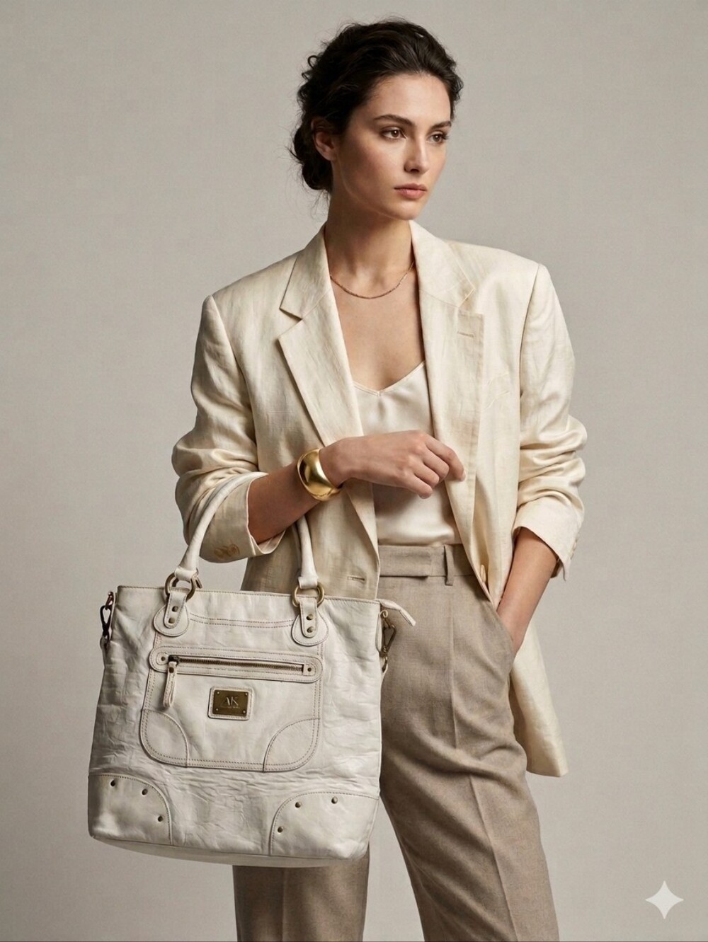 Vintage Anne Klein Cream Leather Studded Tote Bag With Shoulder Strap